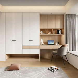 Armario Metálico Abierto Contemporáneo Personalizado con Tiradores Metálicos, Escritorio de Madera, Estantería y Gabinete de Almacenamiento en Color Claro - Product Image 1