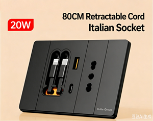 YuHe Group 80CM Retractable Cord Italian Socket 1 USB-<b>C</b> 1 USB-A 20W Wall Outlet for App Wi-Fi Enabled IP20 Protection Modern - Product Image 3
