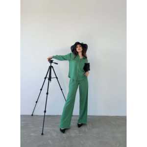 ชุดสูทผู้หญิง 2 ชิ้น เสื้อเชิ้ตผ้าฝ้ายสีเขียวทรงออกซ์ฟอร์ดและกางเกงขายาวทรงกว้าง ระบายอากาศได้ดี เหมาะสำหรับงานทางการ - Product Image 1