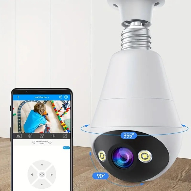 3MP Panoramic PTZ Rotation Light Bulb Wireless Security Camera With Motion Detection, Full Color Night Vision