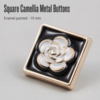 Kancing Logam Camellia Persegi, Bahan Alloy, Dasar Putih, Bunga Hitam, 15mm, untuk Sweater, Mantel, Cardigan