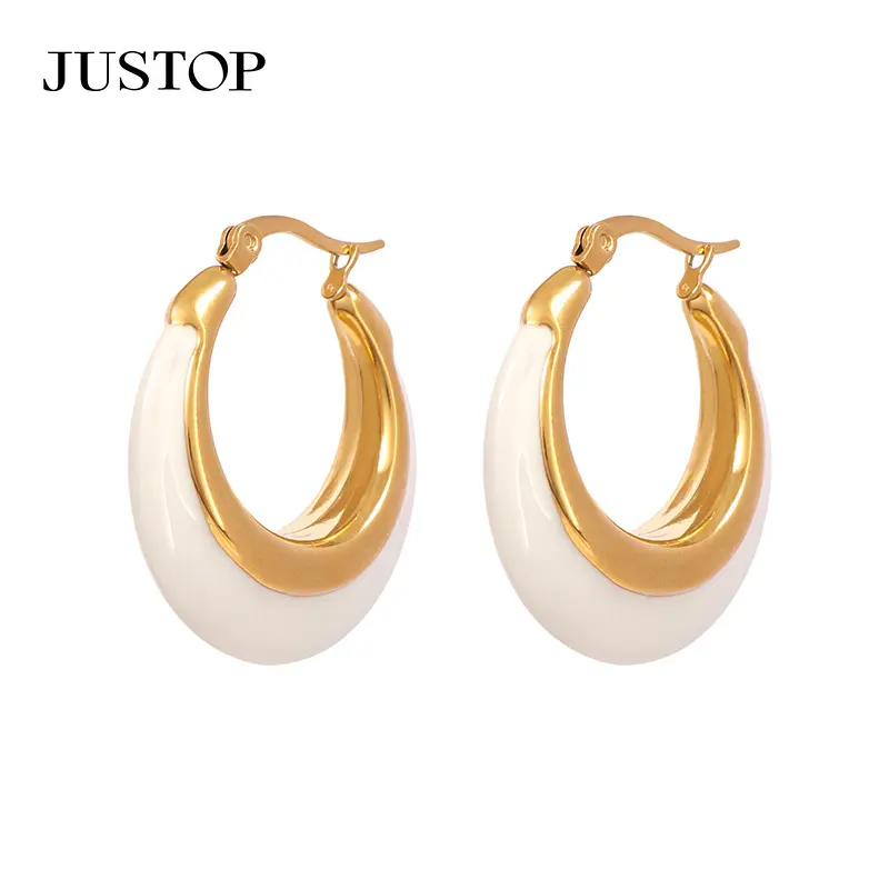 Moda 18K chapado en oro de acero inoxidable joyería pendiente regalo negro blanco goteo aceite aro esmalte pendientes para mujer