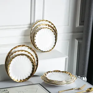Pratos de jantar de cerâmica com borda dourada de luxo moderno, conjunto de pratos de porcelana para mesa por atacado
