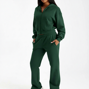 Conjunto Deportivo Verde para Mujer con Capucha, Manga Larga, Color Sólido, Corte Holgado Informal, Sudadera con Cierre Frontal y Pantalones Anchos para Otoño - Product Image 1