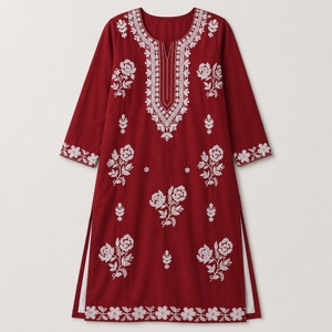 Conjunto de Kurta de Algodón Rojo Bordado de Diseñador para Mujer, Ropa Étnica, Kurti Recto, Traje Palazzo, Vestido Tradicional - Product Image 5