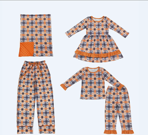 Ensemble pyjama à carreaux pour filles, robe à manches longues et pantalon, vêtements de nuit confortables, ensemble de vêtements orange - Product Image 1