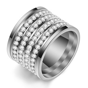 Bague pour femme en acier inoxydable 15 mm, sertie de diamants, quatre rangs, monture pavée, bijoux de mode pour soirée, couleur or - Product Image 5