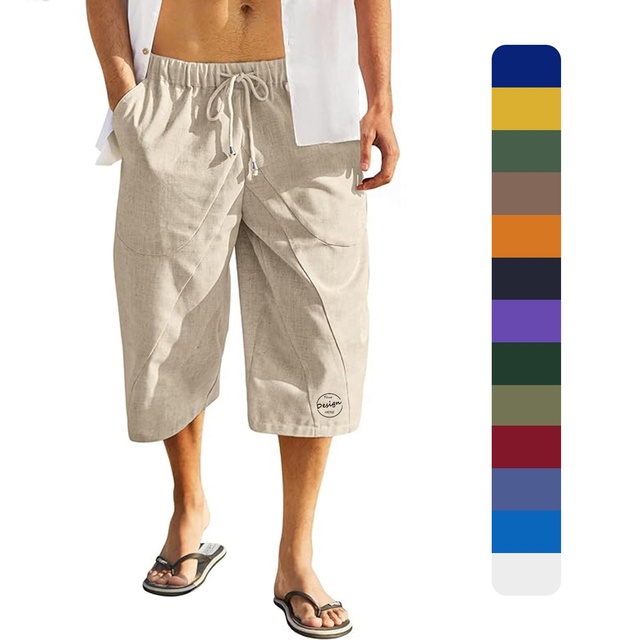 High Quality Summer Cotton Linen Men's Cropped Pants Solid Color Elastic Drawstring Lightweight Streetwear Joggers Harem Pants