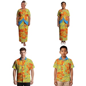 Ensemble de tenues familiales quatre pièces Puletasi Samoan à motif tribal pour les vacances à l'église des îles polynésiennes, chemises décontractées pour <span class=keywords><strong>parents</strong></span> et enfants - Product Image 1