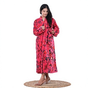 Robe Kimono en Velours Grande Taille Imprimé Oiseaux Roses pour Femme – Robe de Mariée Décontractée Écologique en Coton Velours pour Femme - Product Image 3
