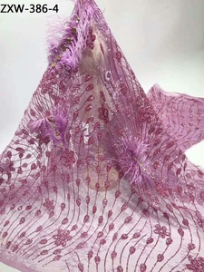 Tissu africain brodé de plumes noires, 1 pièce, Design Floral 3D, Tulle <span class=keywords><strong>français</strong></span>, paillettes, dentelle - Product Image 2