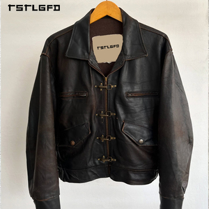 Chaqueta <span class=keywords><strong>de</strong></span> Cuero para Hombre, Estilo Motociclista, con Hebilla <span class=keywords><strong>de</strong></span> <span class=keywords><strong>Bombero</strong></span> Retro Personalizada OEM - Product Image 2