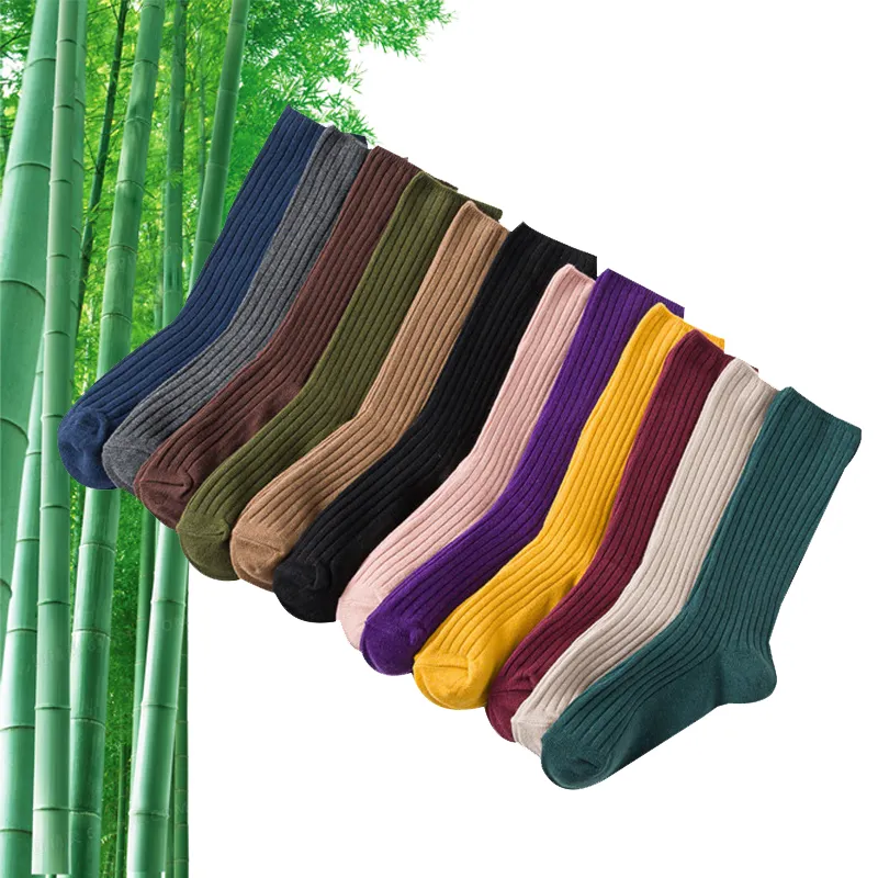 Custom Logo High Quality Solid Plain Eco friendly Comfortable Soft Seamless Ribbed Dress Crew Women Bamboo Socks