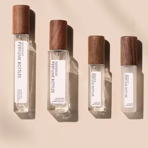 Tampa de madeira para frasco de perfume vazio de vidro quadrado, spray atomizador personalizado reciclável de marca própria de luxo 10ml