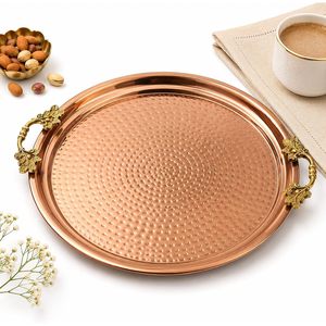 Leathervines Hammered Copper Tray 14 Inch Round With Brass Handles For Coffee <b>Table</b> Decorative Serving Tray - Product Image 1