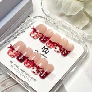 <span class=keywords><strong>Uñas</strong></span> Postizas Acrílicas <span class=keywords><strong>Cortas</strong></span> Cuadradas, 10 Piezas, Color Rosa Nude Brillante con Lazo <span class=keywords><strong>Rojo</strong></span> <span class=keywords><strong>Vino</strong></span> y Diseño a Cuadros, <span class=keywords><strong>Uñas</strong></span> Adhesivas de Lujo - Product Image 6