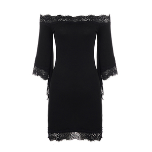 Robe moulante en mousseline de soie pour femme avec dentelle, épaules dénudées, manches volantées, couleur unie, élégante, pour soirée, glamour, mini, taille naturelle - Product Image 6