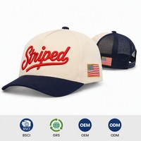 Cappellino da Baseball Streetwear Personalizzato 100% Cotone con Logo Ricamato 3D a Rilievo, Corona Crema, Visiera Blu Navy Bicolore Curva, Bandiera USA