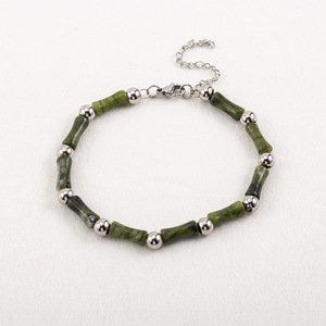 Fashionable Men's Stainless Steel Dark Green Jade Bamboo Joint <b>Beaded</b> <b>Bracelet</b> Geometric Design For Casual Wear - Product Image 1
