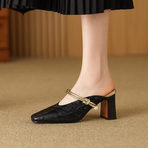 Mules à talon haut pour femme, style rétro, bout carré, talon épais, mode printemps-été, type Mary Jane - Product Image 5