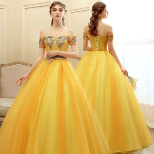Gold Off The Shoulder Ball Gown Empire Waist Long Evening Dress For Women With Lace Up Back And Tulle Skirt - Product Image 1
