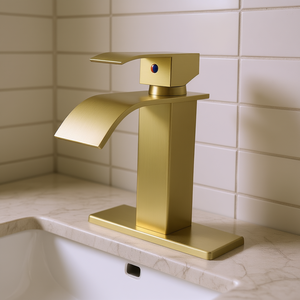 Grifo de Baño Monomando con Efecto Cascada, Acabado Dorado Cepillado, Diseño Moderno para Lavabo con Patrón de Rociado Tipo Lluvia - Product Image 2