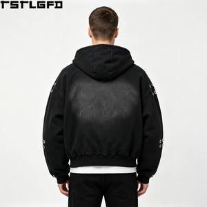 Oem Odm Vintage Wash <b>Zip</b> <b>Hoodie</b> Men <b>Black</b> Colorful Rhinestone Studs Acid Wash Streetwear Wholesale - Product Image 4