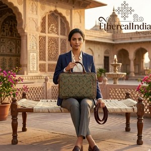 Bolso para portátil Ajrakh con estampado de bloques, verde, de algodón, bolso de oficina, estilo étnico bohemio, bolso de trabajo con correa. - Product Image 3