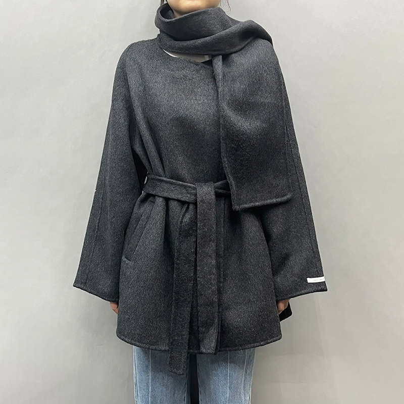 Women Double Faced Wool Cashmere Coat Scarf Collar Winter Handmade Wool Coat