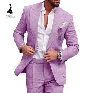 Traje de Dos Piezas YZ de Lino de un Solo Color con un Botón para Hombre, <span class=keywords><strong>Camisa</strong></span> de Manga Larga <span class=keywords><strong>y</strong></span> Pantalones Formales, Talla Grande - Product Image 5