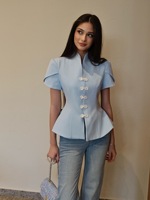 CJ - Nouvelle Blouse Printemps-Été Style Chinois à Col Montant Boutonné, Couleur Unie Écologique, Manches Courtes, Modèle Unique