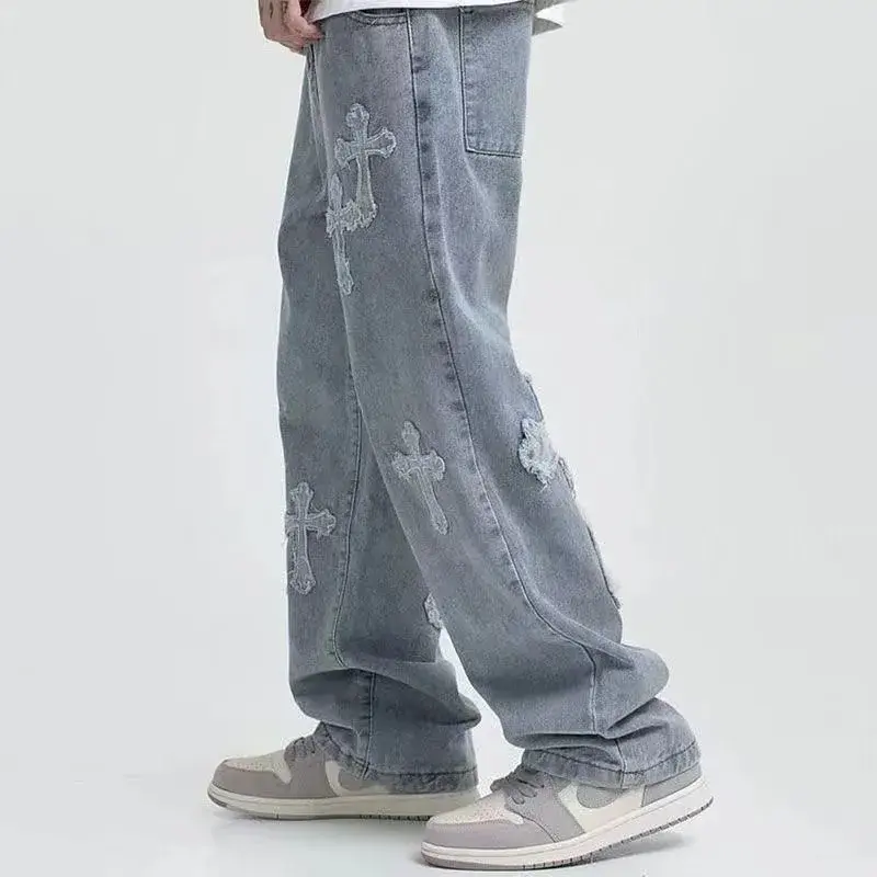 Streetwear Hiphop Stijl Denim Baggy Jeans Voor Mannen Jeans Broek Custom Geborduurde Cargo Jeans Broek
