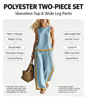 Ensemble deux pièces d'été décontracté pour femme en polyester et lin de bambou, avec gilet sans manches et pantalon large contrastant