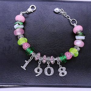 Elegante Piedra Rosa y verde Símbolo alfa griego año de fundación 1908 encantos decorados pulsera Soror ajustable con cuentas de lujo - Product Image 3