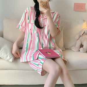 Pyjama en coton rayé SAMWESTART pour femmes, nouveau <span class=keywords><strong>short</strong></span> à manches courtes d'été, tenue de maison fine et douce - Product Image 1