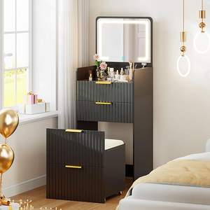 PHOENIX HOME Ensemble de vanité de maquillage compact 3-en-1 <span class=keywords><strong>Petite</strong></span> table de chevet noire cannelée 3 <span class=keywords><strong>tiroirs</strong></span> Coiffeuse cachée pour chambre à coucher - Product Image 1