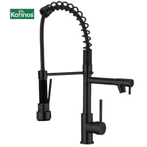 Robinet de cuisine industriel et commercial poli, moderne, à double poignée, avec douchette extractible, en acier inoxydable, à montage sur comptoir, avec cartouche en laiton - Product Image 1