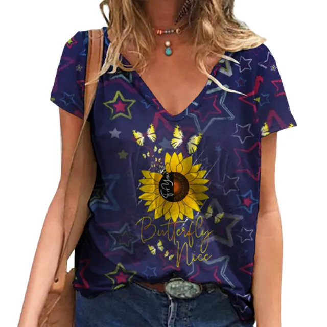 Women's Cute Sunflower Summer V-neck T Shirt Loose t-shirt Tops Girl Short Sleeve Graphic Casual Tees