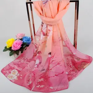 Уникальная Женская Цветочная шаль, шифоновый длинный шарф с принтом цветов и птиц, легкая прозрачная шаль, шарфы