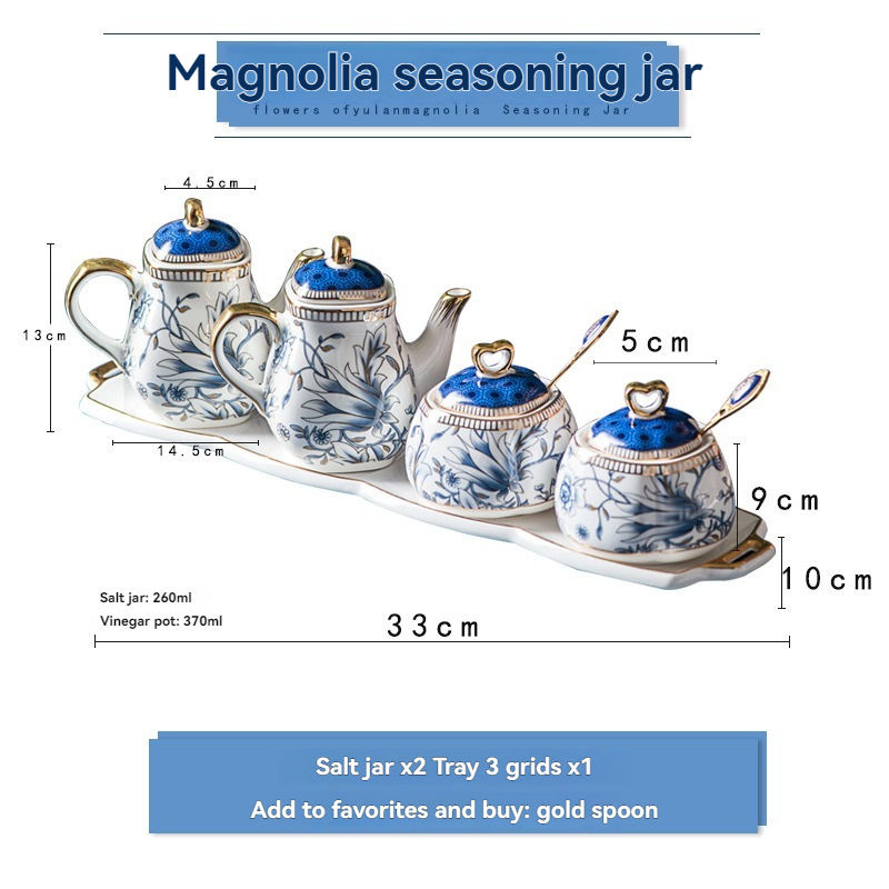 หม้อปรุงรส Blue+White-2 + ขวดเครื่องปรุง 2 ใบ + ถาด + ช้อน 2 คัน