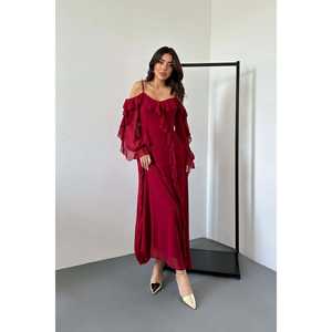 ชุดราตรีสีแดงเบอร์กันดีแบบขายส่ง กระโปรงบานระบายชีฟองสั้น ประดับเลื่อม แต่งระบายหลายชั้น ประดับมุกและคริสตัล ยาวกรอมพื้น สำหรับไซส์ XS - Product Image 4