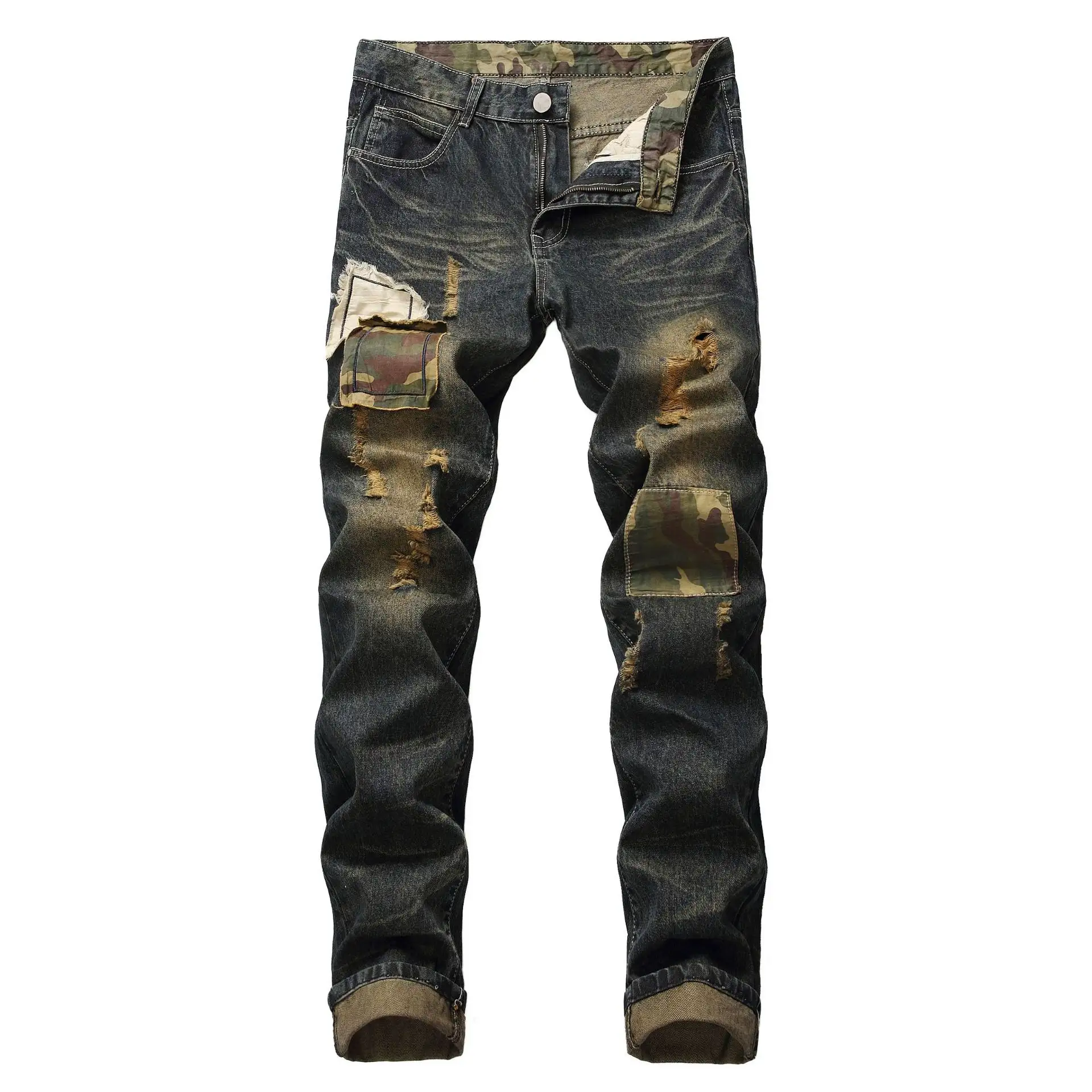Hip hop Trend The Patch Ripped Distressed Pantalon Fabric Trousers Zipper Denim Pants Plus Size Men's Jeans