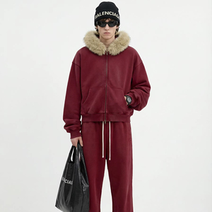 <span class=keywords><strong>Felpa</strong></span> con <span class=keywords><strong>Cappuccio</strong></span> Invernale 400gsm Stile American Vintage, Collo in Pelliccia, Zip e Imbottitura Spessa - Product Image 1