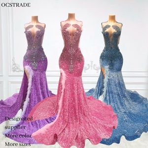 strapless open back dress Peacock Blue Halter Neck A-Line Long Prom Dress With Split main image 1
