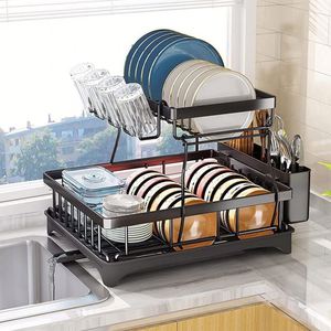 Égouttoir à vaisselle double niveau en métal détachable pour baguettes et ustensiles de cuisine, avec plateau de drainage, pour comptoir de cuisine domestique - Product Image 2