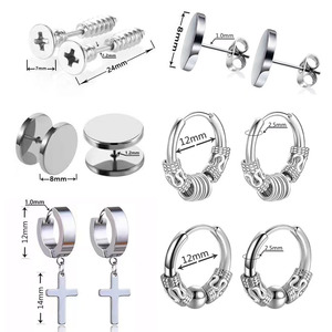 Cross Earrings <b>Set</b> 12 <b>Pc</b> Black Zinc Alloy Stud Hoop Screw Earrings Men's Fashion Jewelry - Product Image 2