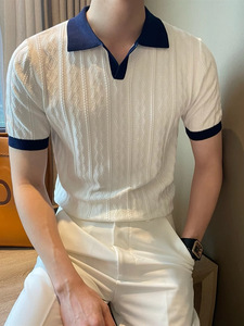 เสื้อโปโลผู้ชายผ้าฝ้ายคอวีทรงเข้ารูป แขนสั้น ทอลายแจ็คการ์ด ยืดหยุ่น ระบายอากาศได้ดี ดีไซน์ทันสมัย - Product Image 3