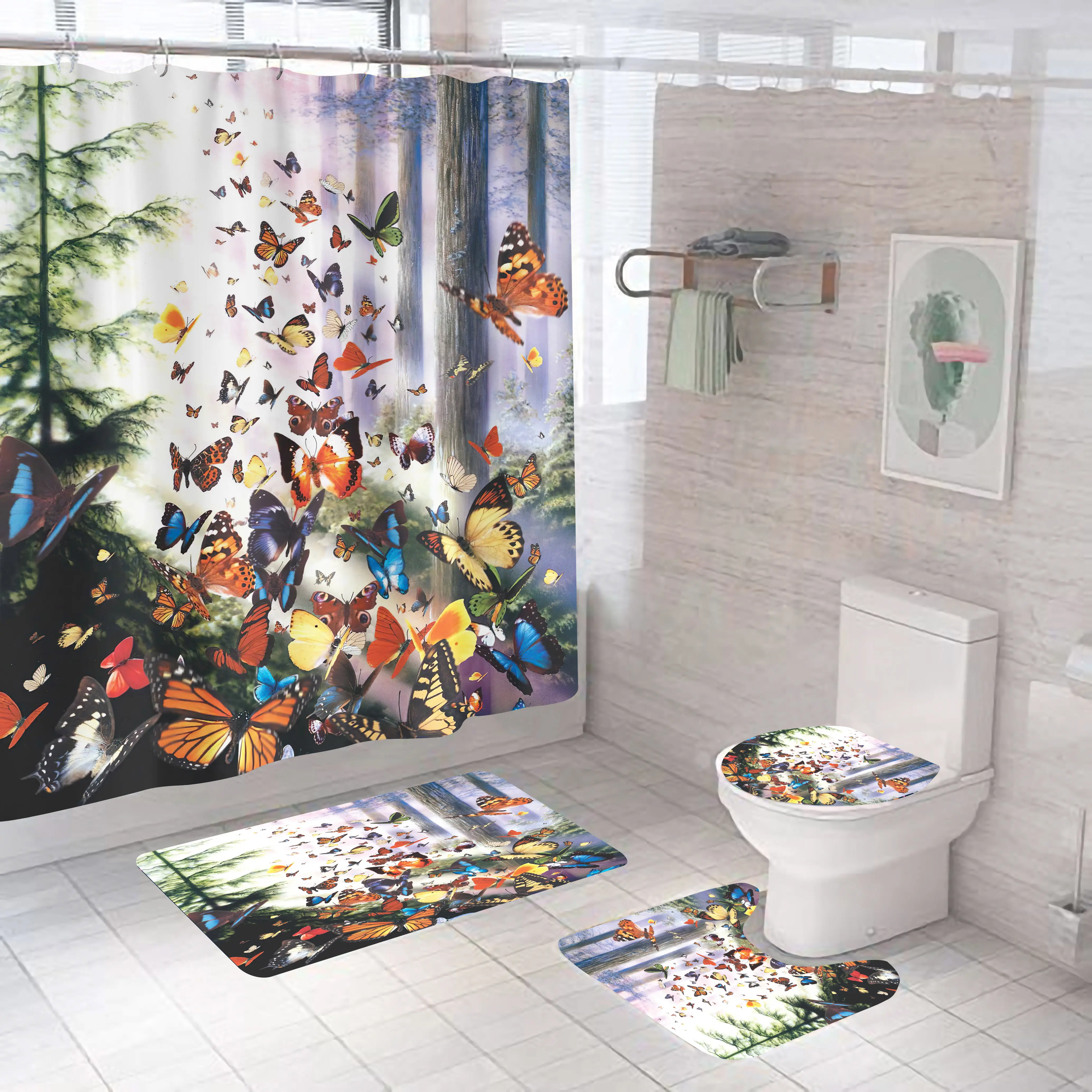 New Design Butterfly series Wholesale Mat Shower 4 Pieces Set Shower Curtain 4 Pieces Set