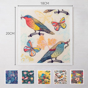 Lot de 10 torchons suédois à imprimé floral d'oiseaux, réutilisables, pour le nettoyage de la cuisine, respirants, épais et absorbants - Product Image 2
