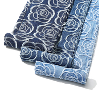 Tissu denim bleu 80% coton avec pompon rose Jacquard pour jeans 12 oz Tissu denim de haute qualité en gros